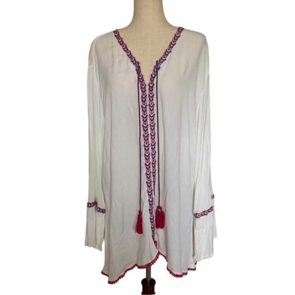 Boho Embroidered Tunic XXL Festival Top Cottagecore Coastal Flare Sleeve Pom Pom